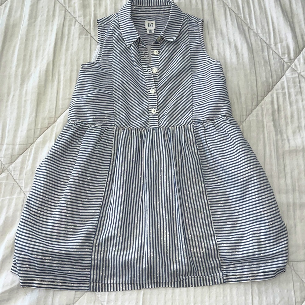 Gap girls size 5T. Sleeveless collared dress.  Gold white and blue stripes